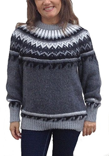 Alpacaandmore Jersey de punto para mujer, cuello redondo, estilo noruego, lana de alpaca, gris, XL