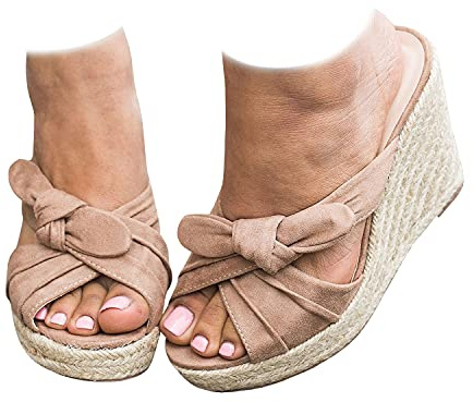 Fashare Womens Espadrilles Wedge Sandals Slides Platform Slip on Bow Knot Open Toe Summer Mules Shoes (9 B(M) US, nude, numeric_9)