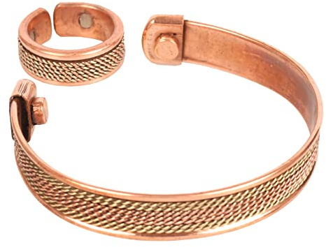 Touchstone Bracciale magnetico in rame forgiato a mano in stile tibetano solido e di alto calibro, bracciale in rame minimalista e anello abbinato., 17.02 centimeters, Rame e ottone, Non è una pietra