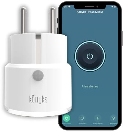 Prise connectée Konyks Priska Mini 3 FR - WiFi + BT, Fonctions avancées V3, 10A, compteur de consommation, compatible Alexa et Google Home & Tuya Blanc/Transparent