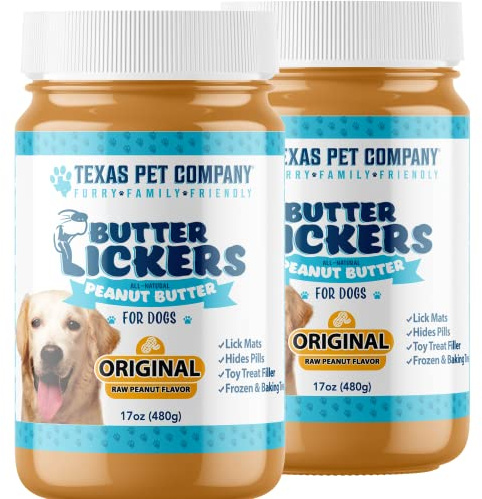 Texas Pet Company Butter Lickers Dog Peanut Butter, USA Made 100% Natural Peanut Butter for Dogs, Lick Mat Pad Slow Feed Bowl Filler 17oz-2Pack Jars