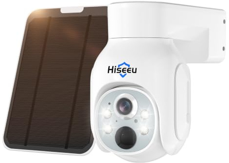 Hiseeu 4MP PTZ Caméra de Surveillance WiFi Extérieure sans Fil Solaire, Caméra IP sur Batteries, Vision Nocturne en Couleur Détection PIR, Alarme Sirène Audio Bidirectionnel, IP66 Compatible Kit