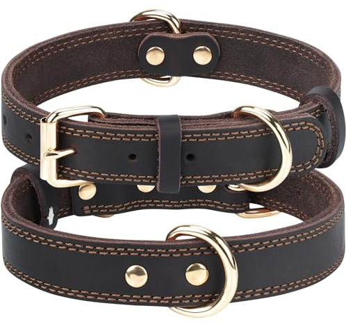 Joytale Collare pelle cane, collare in pelle per cani di grossa taglia, collare per cani in vera pelle morbido resistente e regolabile, Marrone, L