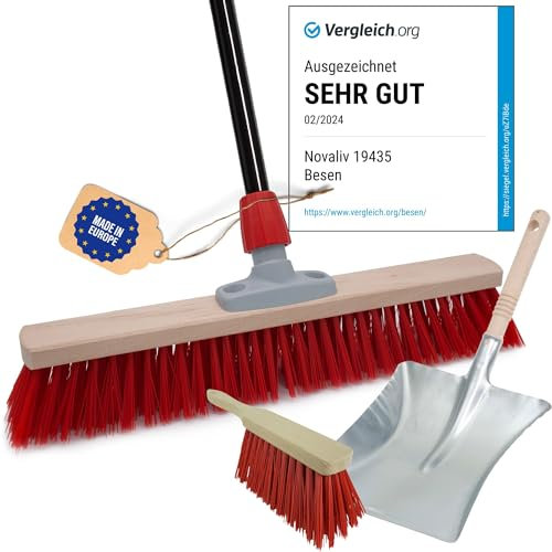 Novaliv Balai de rue avec manche, 50 cm, poils Elaston avec balayette, noir, composé d'une pelle et d'une balayette à main, idéal comme balai de jardin, de terrasse, de cour, d'écurie, balayette