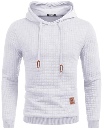 COOFANDY Huvtröja för män, hipster, gym, långärmad arbetströja, dragsko, rutig, jacquard-pullover, huvtröjor, Vit, XL