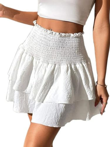 seiveini Mini Jupe Femme Été Jupe Courte Plissée A-Ligne Taille Haute Mini-Jupe à Volants Superposés Chic Mode Jupe Trapèze Casual Boho Jupe de Plage Court Couleur Unie