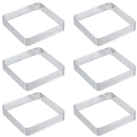 sourcing map Lot de 6 anneaux à gâteau carrés perforés en acier inoxydable de 10 x 10 cm pour gâteaux, desserts, mousses, pâtisseries, tons argentés