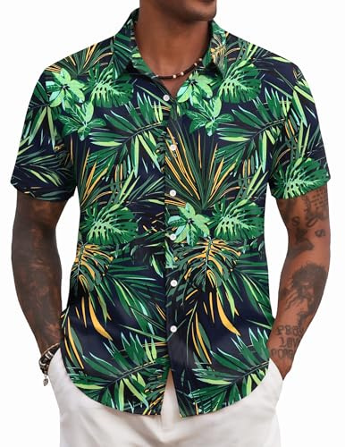 COOFANDY Chemise Homme Hawaienne Ete Plage Chemise Manches Courtes Chemises a Fleur Feuilles Vertes M