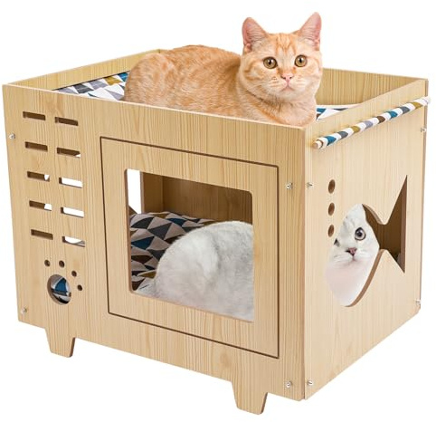HuKaiL Casa para gatos de madera con colchón, caseta para perros, casa de gato, resistente al invierno, aislada con 2 cojines extraíbles, cesta para gatos suave y cálida, interior para la mayoría de