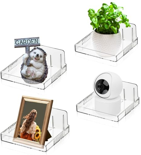 SICANAUO 4Pcs Acrylic Small Wall Mount Floating Shelves, Clear Storage Shelf, Adhensive Display Hanging Shelves for Bedroom,Living Room,Security Cameras,Smart Speaker,Pop Figures,Plant Home Decor
