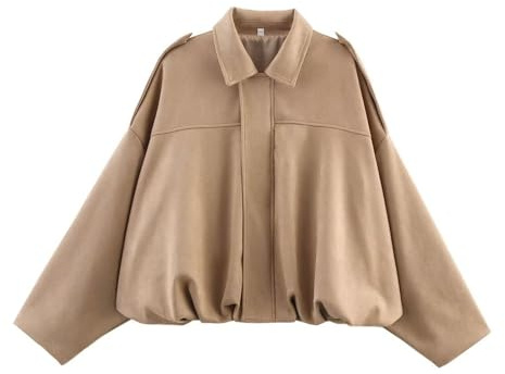 Xunger Women's Faux Suede Bomber Jacket Spring Lapel Pilot Coat Casual Oversized Long Sleeves Trendy Streetwear Outerwear(1026-Khaki-S-RD)