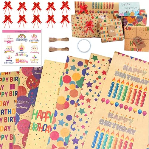 Carta Regalo 70 x 50 cm Set 6 Fogli Compleanno Pacchi per Regali piegata Ragazzi Ragazze maschi femmine Donne per Adulti Birthday Wrapping Paper fogli