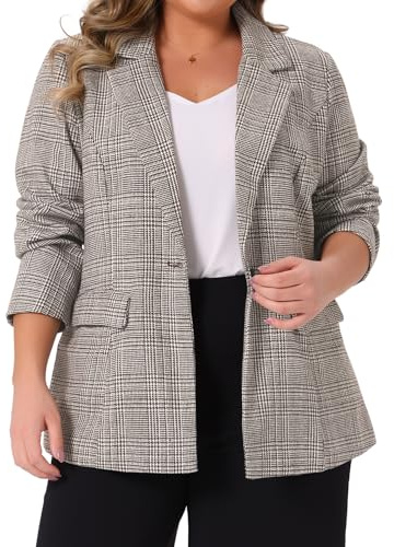 Agnes Orinda Plus Size Blazer Suit for Women Notch Lapel One Button Work Office Plaid Blazer Jacket 3X Brown Beige