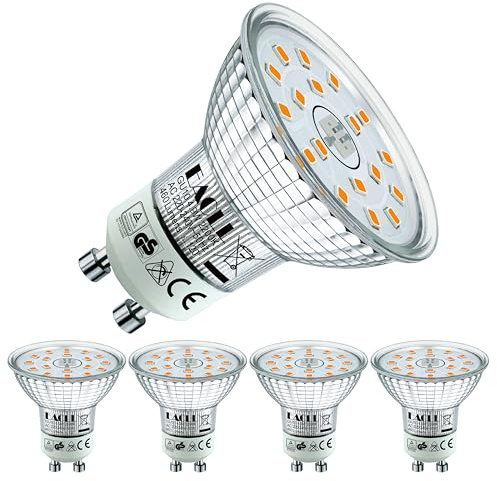 EACLL Bombillas LED GU10 Luz Cálida 2200K, 4.9W Equivalente 60W Halógena Fuente de Luz, Pack de 4, 460 Lúmenes. AC 230V Sin Parpadeo Focos, 120 ° Spotlight, Lámpara Reflectora, No Regulable