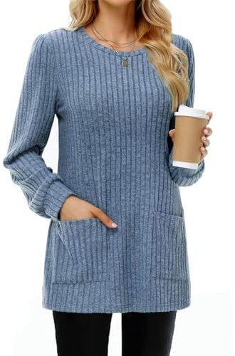 Tanmolo Jersey Ligero para Mujer, Informal, Cuello Redondo, Manga Larga, con Bolsillos, Jersey de Punto, túnica para otoño, Invierno, Tops, Azul Vaquero, XXL