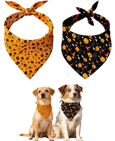 Meriviva 2 Pcs Halloween Dog Bandanas, Halloween Costumes for Dogs, Triangle Scarf Dog Cat Bandana with Ghost Pumpkin Bat Pattern for Small Medium Large Dogs Cats (Style A)
