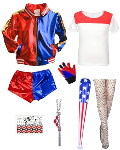 BITOYO Costumes de Quinn Femme, Déguisement Quinn Costume avec T-Shirt, Veste Short Collants résille et Tatouage, Costume de Clown pour Femme Halloween Carnaval Costumes de Cosplay Joker M