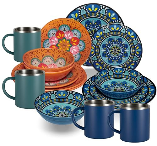 Service de table en mélamine Toscane pastel pour 4 personnes – 16 pièces – Orange/bleu – Avec tasses en acier inoxydable aspect mandala Passe au lave-vaisselle Vaisselle de camping Camping caravane