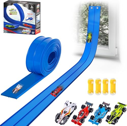 AQDJWHM Flexible Rennbahn Kinder, Autorennbahn 5M Inklusive 4 Autos, DIY-Autobahn, Portable Spielzeug autorennbahn für Kinder ab 3+ Jahre