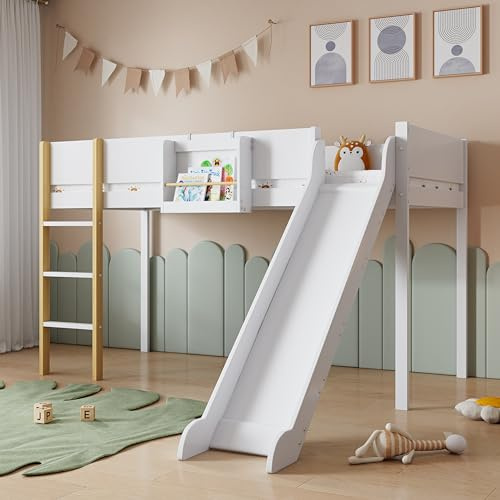 Merax Lit Mezzanine Enfant 90x200 cm avec Toboggan, Échelle Droite à 3 Marches, Lit Superposé Junior en Pin et MDF, avec Étagère Amovible, Blanc et Naturel