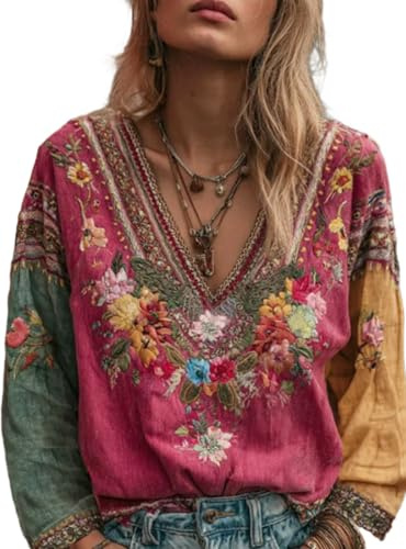Blusa Bohemia Retro para Mujer Roja De Manga Larga con Cuello En V, Bordado Floral, Estampado Étnico y Corte Holgado, Blusa Casual