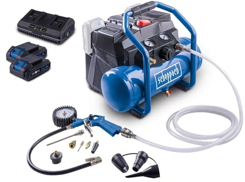 Scheppach Compresseur C-ACT160/6-X - 2 bat. 2Ah + chargeur double inclus | sans fil - série 20V IXES - 2x20V - cuve 6L - 8 bar - 11 accessoires + tuyau renforcé de 2,5 m inclus
