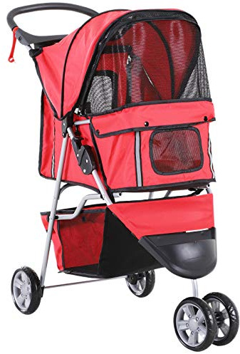 PawHut Poussette Buggy Pliable Animaux, Chariot Pliant Chien Chat, Porte-Gobelet Panier de Rangement Inclus, Roues avec Frein, Tissu 600D Oxford Acier, 75 x 45 x 97 cm Rouge