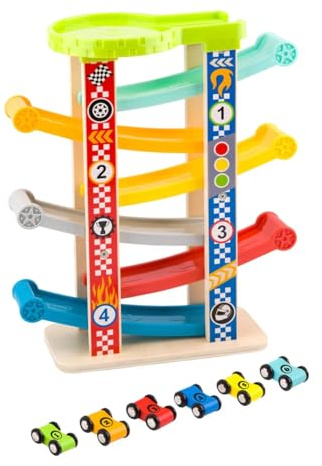 TOOGOO Toy TY841 tävlingsbana i trä med 7 nivåer, 6 racerbilar, färg: flerfärgad
