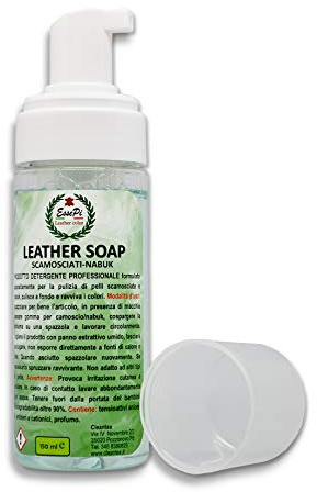 LEATHER SOAP detergente per Articoli in Pelle Scamosciata e Nabuk, pulisce e rinnova i colori. Schiuma no gas 150 ml.