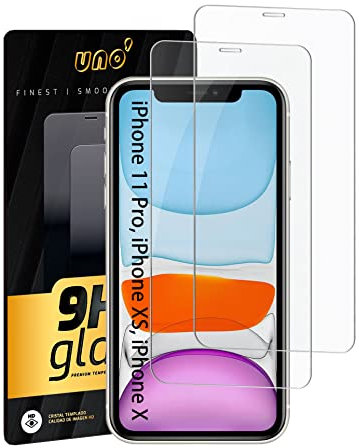 UNO' [2 Unidades] Protector Pantalla Para iPhone 11 Pro, iPhone XS, iPhone X, Cristal Templado Ultra Resistente 9H, Antiarañazos, Sin burbujas, Antihuellas, Alta Receptividad, Definición HD