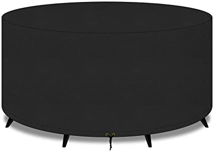 PATIO PLUS Gran mesa de jardín redonda cubierta de muebles 420D al aire libre Patio circular para silla Set impermeable Heavy Duty Jardín Cubiertas 250 x 90 cm, Negro