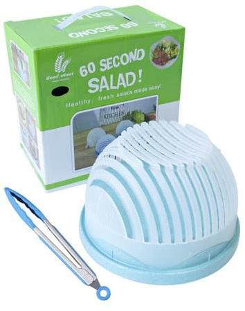 2-in-1 Salad Cutter Bowl & Veggie Chopper – Quick 60 Second Salad Maker, BPA-Free Food Grade Plastic, Easy Manual Vegetable Slicer with Tongs for Fast Healthy Meals (Blue)