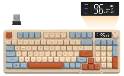 FREEWOLF M96 Tastiera Da Gioco Wireless, Controllo Tramite Manopola Bluetooth/Tastiera Wireless 2.4G, Retroilluminazione a LED RGB con Schermo, Copritasto PBT, 3000mAh, Layout USA QWERTY-Mirtillo