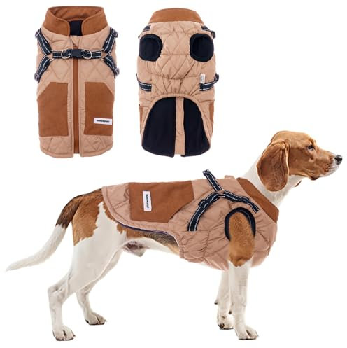 TOPSOSO Veste pour chien Chaude Manteau d'hiver avec poches pour harnais Veste d'hiver pour chien Fermeture éclair Rayures réfléchissantes Double anneau en D Gilet d'hiver pour chien Mode Patchwork