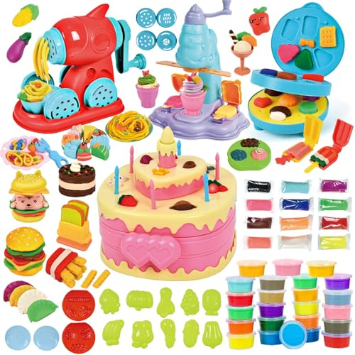 JONRRYIN Knete Set für Kinder, 102 Stück Knete Zubehör Knetwerkzeug mit 36 Modelliermasse, Kreatives Playdoh Knete Kinder Eismaschine Nudelmaschine Spielset Geschenk Mädchen & Junge