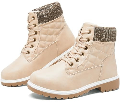 kufeiti Waterproof Ankle Boots for Women Non Slip Black Combat Boots Fall Winter Snow Lace Up Hiking Booties(Apricot, US8)