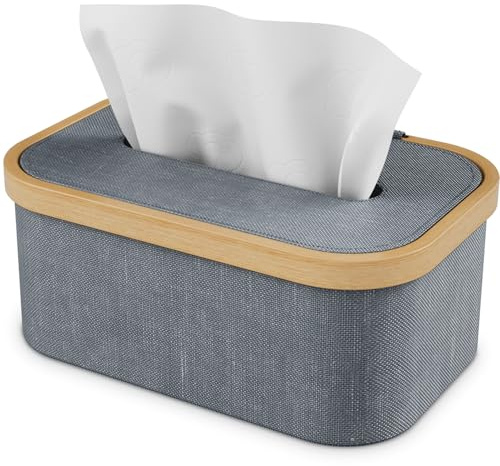 Vireon Caja dispensador de pañuelos de bambú con caja de pañuelos de tela Oxford, caja de pañuelos de papel, caja de pañuelos, caja de pañuelos cosméticos para salón, baño, cocina en gris