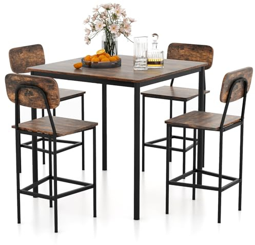 COSTWAY Matbord med 4 barstolar, köksbord i diskhöjd, metallram, matgrupp för 4 personer, barbord set 5 delar, sittgrupp brun, för kök, matsal, restaurang (rustik brun)