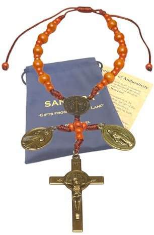 SANCTRA Rosario da appendere alla porta, fatto a mano e benedetto in Terra Santa, rosario con medaglia e crocifisso, sacchetto regalo e certificato di autenticità, croce da appendere alla porta