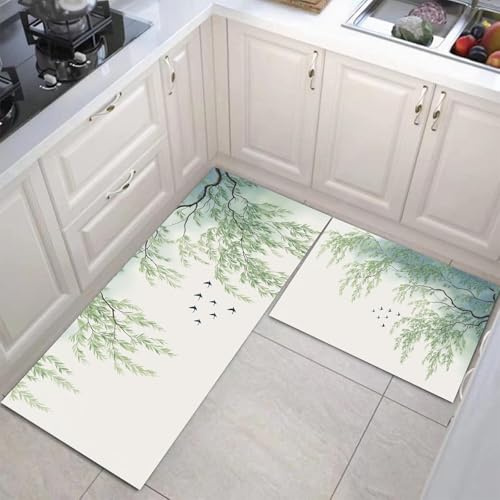 JEDTAKCT Set Di 2 Tappetini Da Cucina Con Salice Acquerello Uccello Per Pavimento, Tappeti Zerbini Da Cucina Antiscivolo Lavabili Estetica Cinese Verde Scuro Per Lavello Corridoio, 44X75+44X120Cm