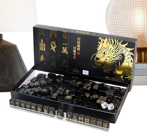 Générique Jeu de Mahjong de Voyage,144 Pièces Complètes et Portables,Jeu de Société Mahjong avec 2 Dés et 4 Porte-Tuiles | pour Adultes Débutants, à la Maison, en Voyage, pour Fêtes et