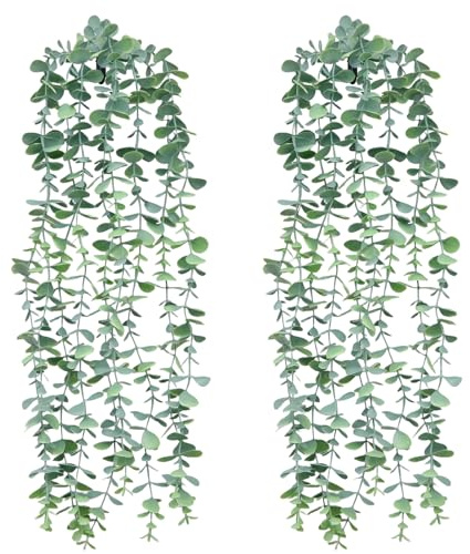 Juego de 2 plantas artificiales colgantes de eucalipto, 85 cm, plantas artificiales decorativas de eucalipto, como auténticas, para interior y exterior, plantas de plástico colgantes para salón