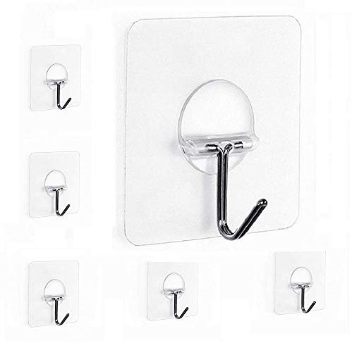 Fealkira Adhesive Wall Hooks 13.2lb(Max) Utility Stainless Steel hook for Towel Bathrobe Coats,Bathroom Kitchen Waterproof and Oilproof Nail Free Transparent Heavy Duty Wall hook & Ceiling Hanger-6pcs