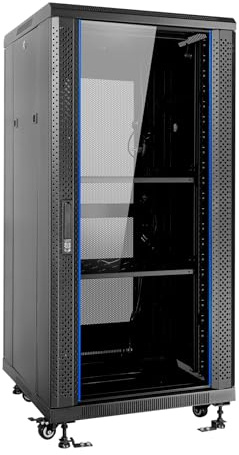 Aiten Data Armario Rack Suelo 19 27U 600 x 600 x 1390 mm Montado con Accesorios: 2 Bandejas Fijas, 4 Ventiladores 120 mm, 1 PDU con 8 Puertos de 1U, Patas, Ruedas y Llaves