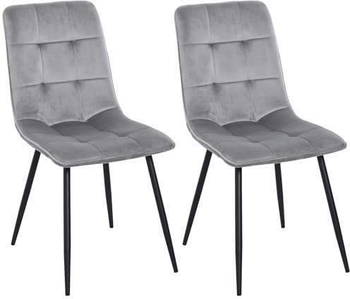 HOMCOM 2er-Set Esszimmerstuhl Polsterstuhl Küchenstuhl mit Samt-Optik Esstisch Samt Metall Grau+Schwarz 45 x 63 x 90 cm
