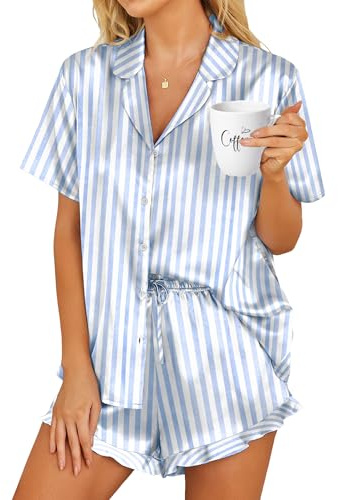 HOTOUCH Womens Silk Satin Pajamas Set Button Down Short Sleeve Sleepwear Set 2 Piece Ruffled Pjs Blue Striped, M