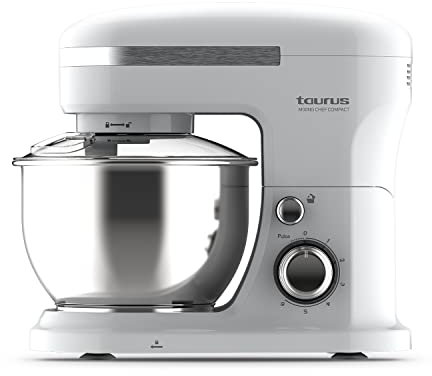 Taurus - Batidora Amasadora Repostería 1000W | Acero inoxidable | Movimiento orbital | Capacidad 4L | 5 funciones | 6 velocidades + turbo | Bol Apto Lavavajillas | 3 Accesorios | Compacto