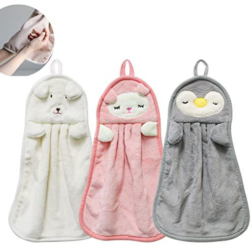 XZMCAT 3 Stück niedliches Hängetuch, Korallensamt, Handtuch, zum Aufhängen, Küchenhandtuch, Handtücher mit Aufhängeschlaufe für Badezimmer, Handtuch,Kinder-Set, saugfähiger Waschlappen mit Schlaufe