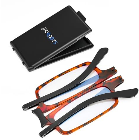 SZEOEOM Ultra-Thin Foldable Reading Glasses Ultra-light Bule-light Folding Readers for Men Women Compact Travel Portable Rectangle Eyewear Case (Tortoise, 3, diopters)