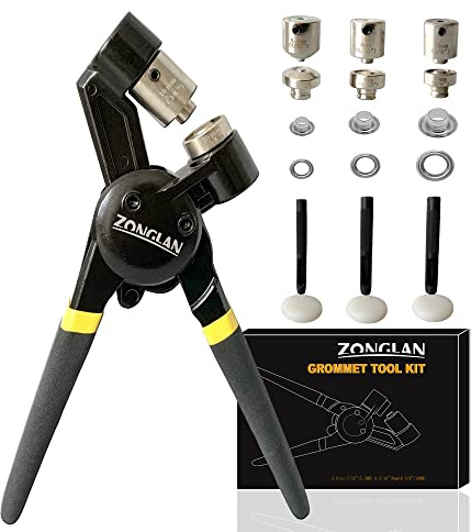 ZONGLAN Grommet Tool Kit, Eyelet Tool Multi-Purpose Handheld Manual Hole Punch Rivet Press Plier Crimper 3 Interchangeable Dies with 900 Set 7/32 5/16 3/8 Metal Grommets Washers